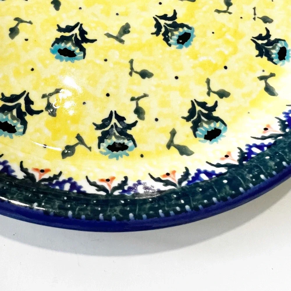 Boleslawiec Polish Pottery Yellow Blue Round Serving Tray w/ Handles Coneflower
